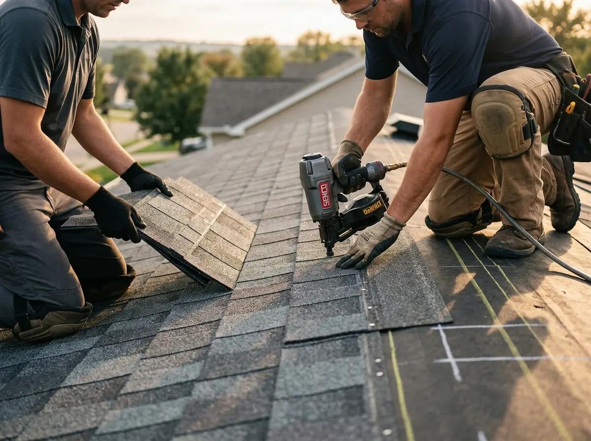 Professional roofer working on a residential roof in Euclid